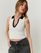 Ladies Knitted White/Black Polo Top-Closer View of Front