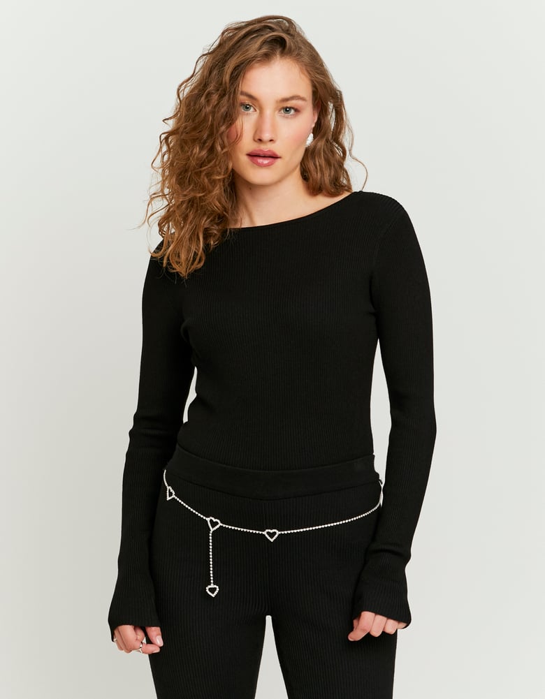 Ladies Black Knitted Sweater With Rhinestone Chain-Model Front View