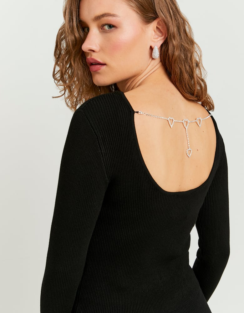 Ladies Black Knitted Sweater With Rhinestone Chain-Closer View of the Back