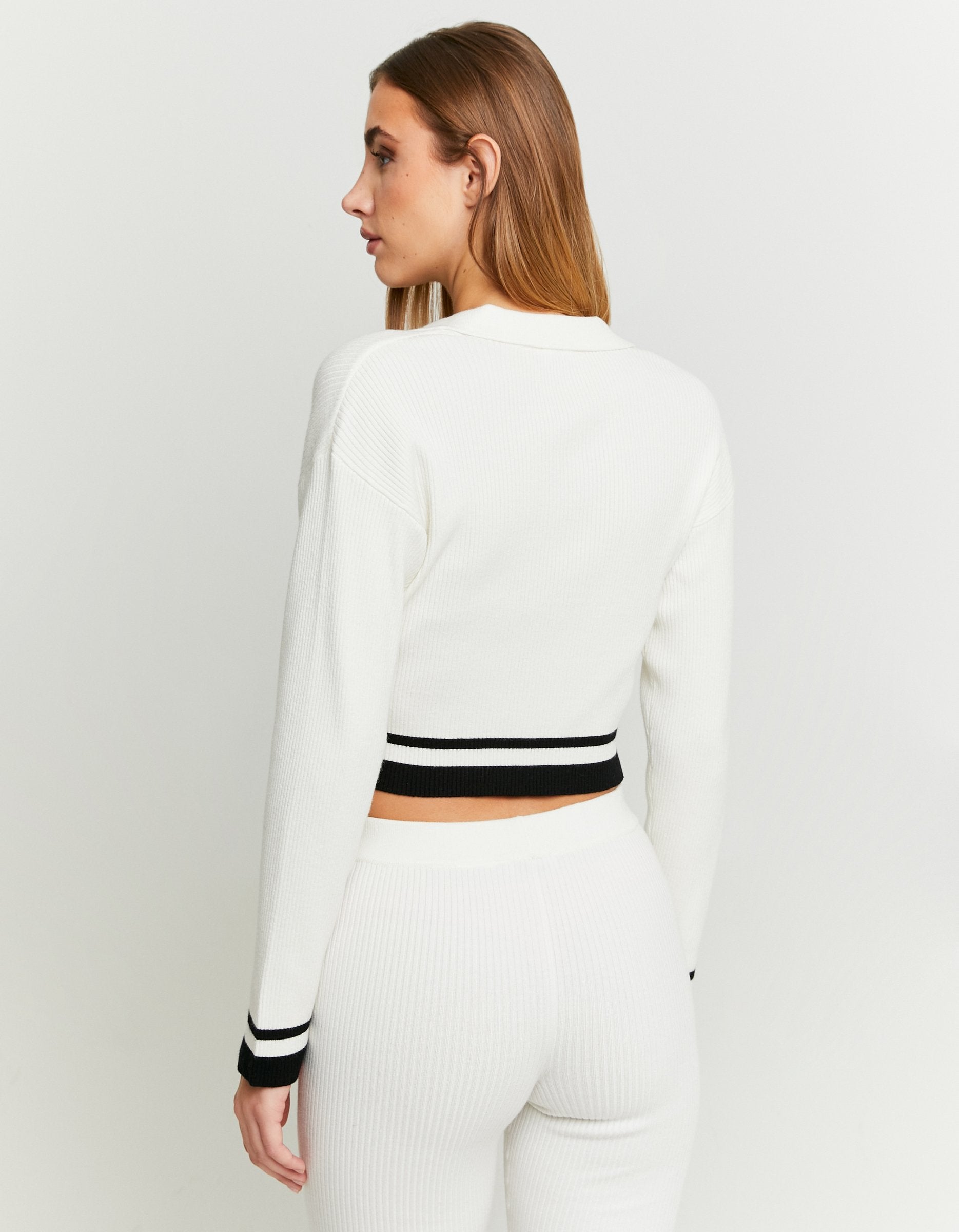 Ladies Striped Knitted Polo Neck Cropped Jumper-Back View