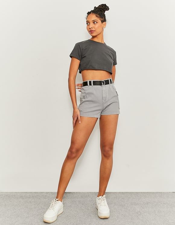 Ladies Mini Grey Cargo Shorts-Full Model Front View