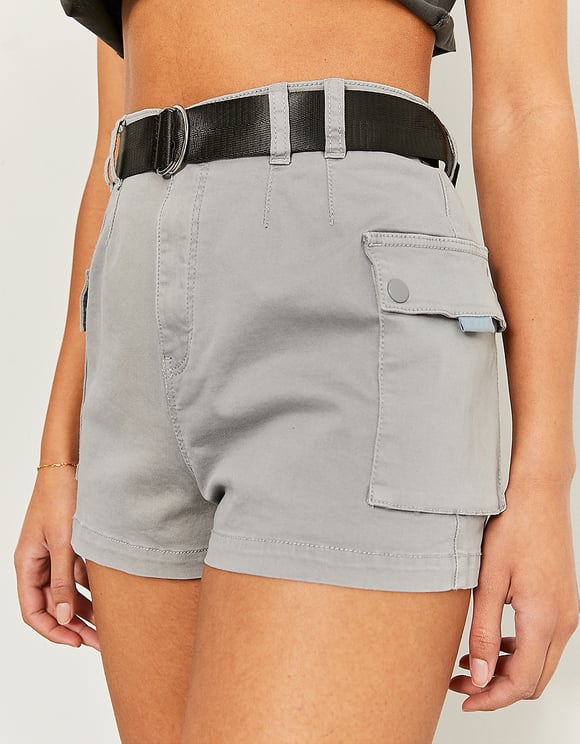 Ladies Mini Grey Cargo Shorts-Front/Side View