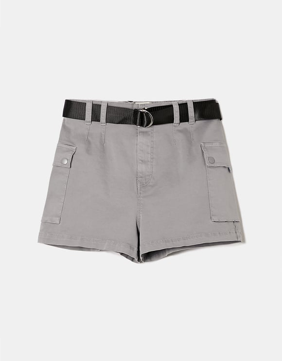 Ladies Mini Grey Cargo Shorts-Ghost Front View