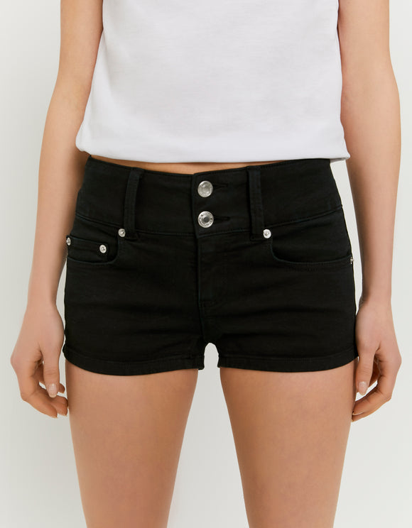 Tally Weijl Black Low Waist Shorts, front close-up on model