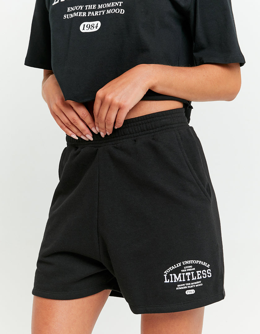 Ladies Black Printed Sweat Shorts-Side View
