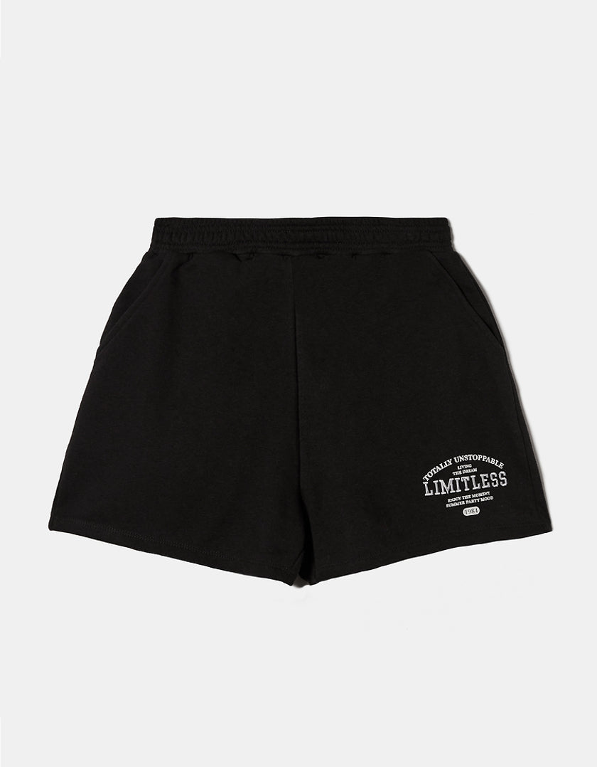 Ladies Black Printed Sweat Shorts-Front View