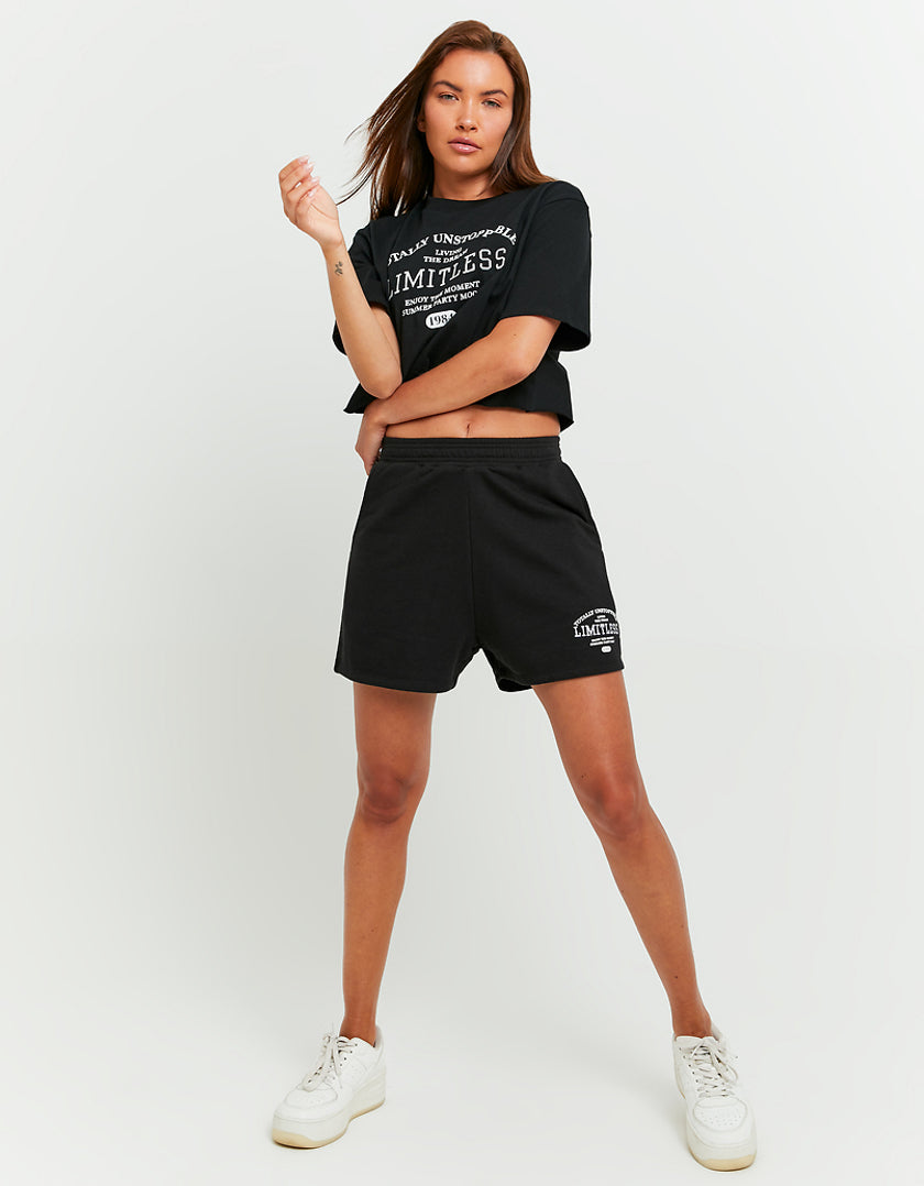 Ladies Black Printed Sweat Shorts-Model Front View