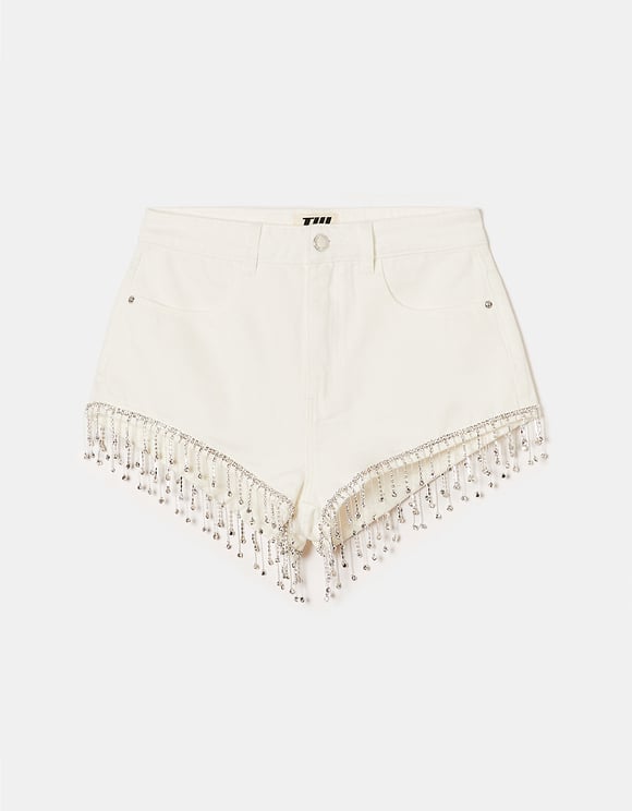 Ladies White Denim Shorts-Ghost Front View