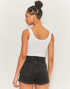 Back view of black mom denim shorts