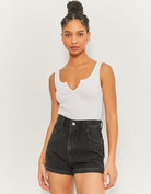 Model closer front view of high waist black shorts