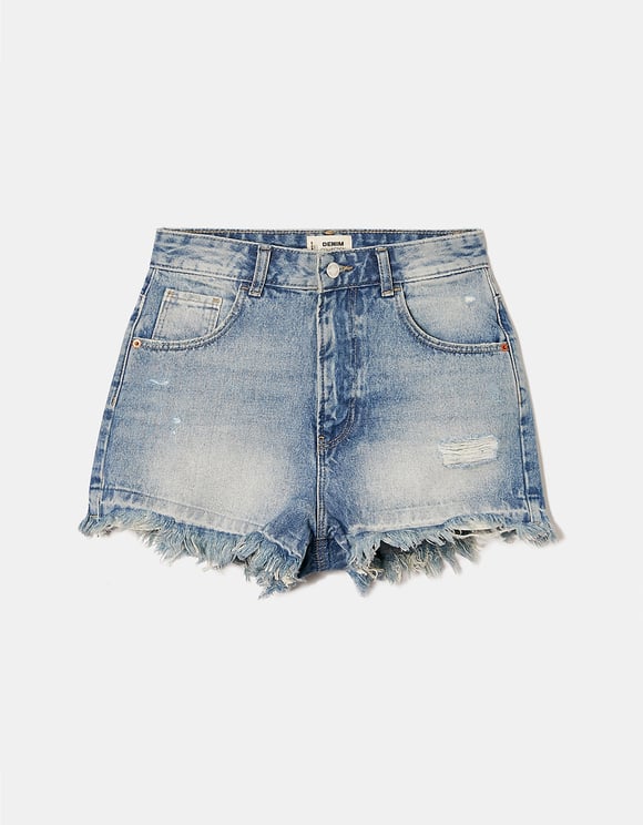 HIGH WAIST RIPPED DENIM MOM SHORTS FRONT GHOST VIEW