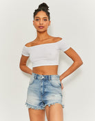 Tally Weijl High Waist Ripped Denim Mom Shorts BLUE model front view