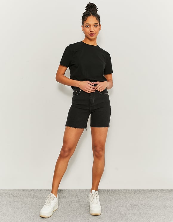 Ladies Bermuda Stretch Black Shorts-Full Model Front View