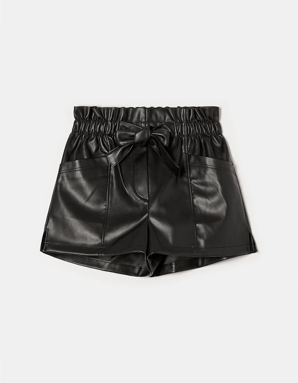 Ladies Black Paperbag Faux Leather Mini Shorts-Front View