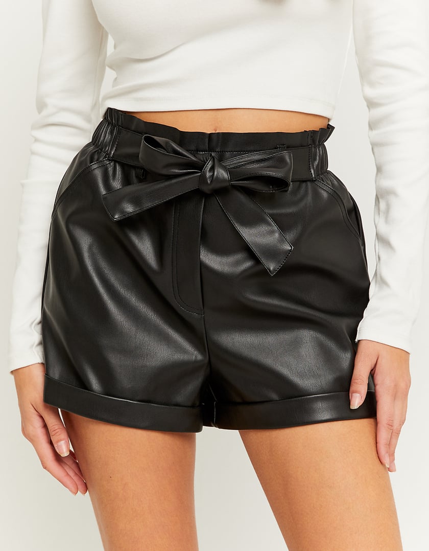 Ladies Black High Waist Faux Leather Shorts-Model Front View