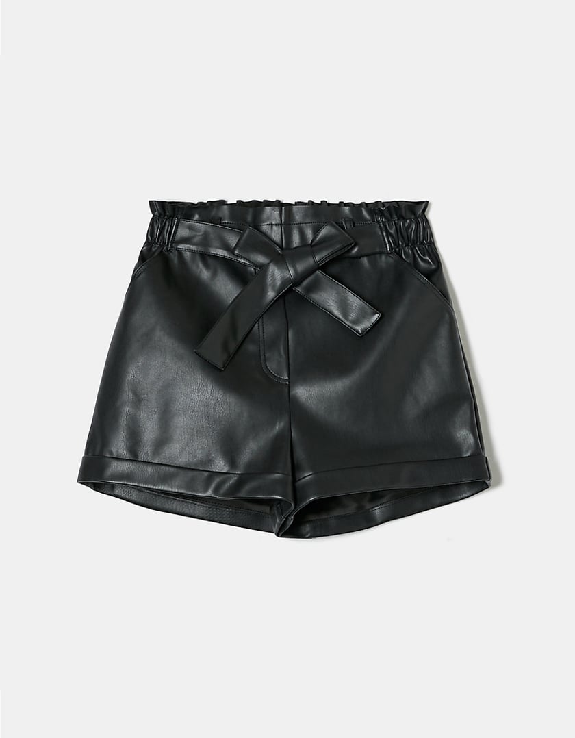 Ladies Black High Waist Faux Leather Shorts-Ghost Front View