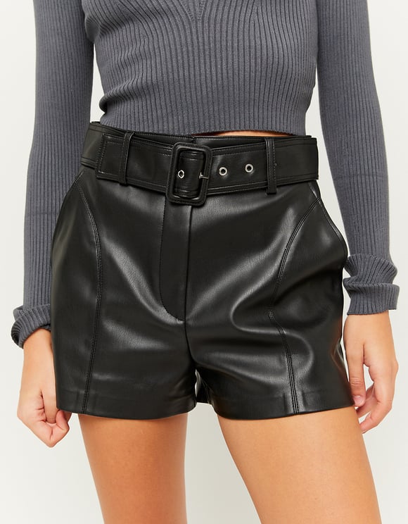 Ladies Black Faux Leather Shorts-Front View