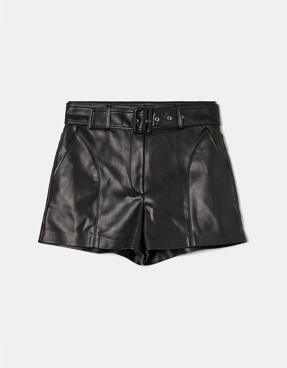 Ladies Black Faux Leather Shorts-Ghost Front View