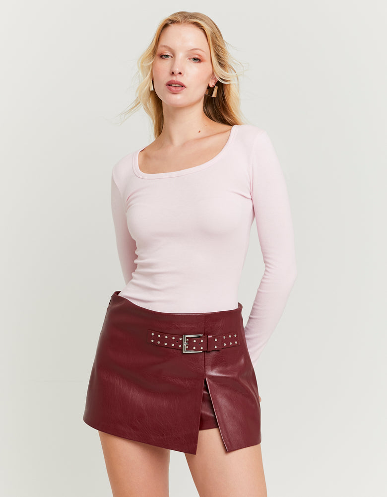 Ladies Burgundy Skort With Belt-Model Wearing Skort View