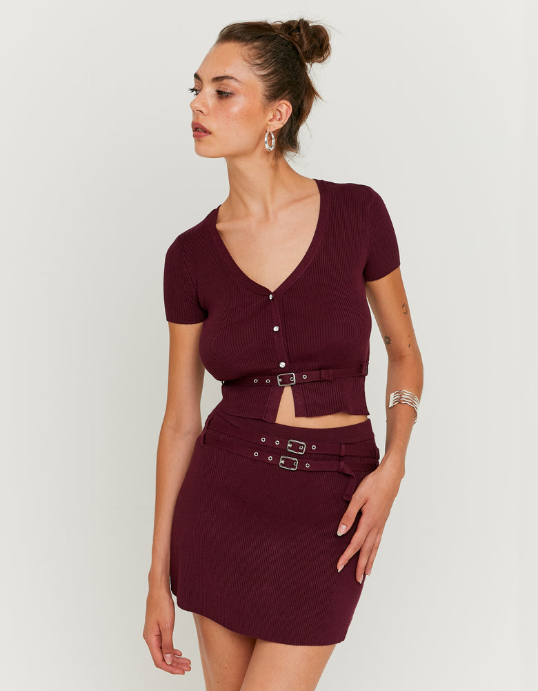 Ladies Purple Knitted Skort With Double Belt-Model Full Front View