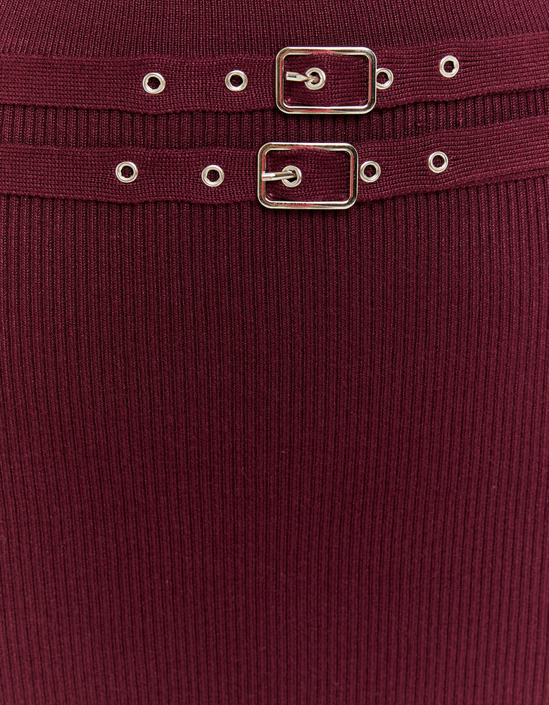 Ladies Purple Knitted Skort With Double Belt-Close Up View