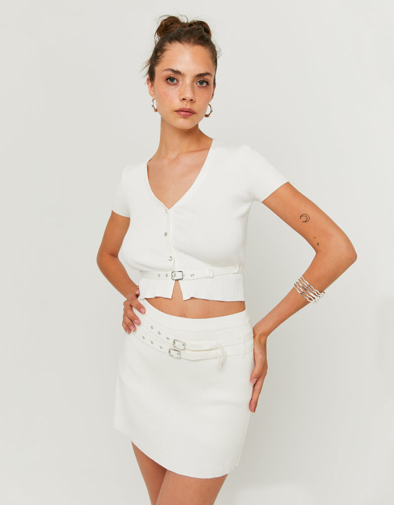 Ladies White Knitted Skort With Double Belt-Model Full Front View