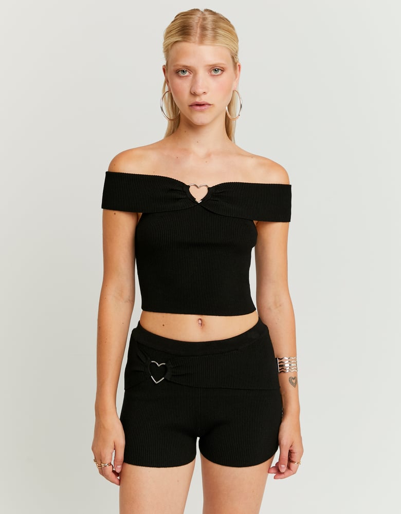 Ladies Black Knitted Shorts With Love Heart Detail-Model Front View