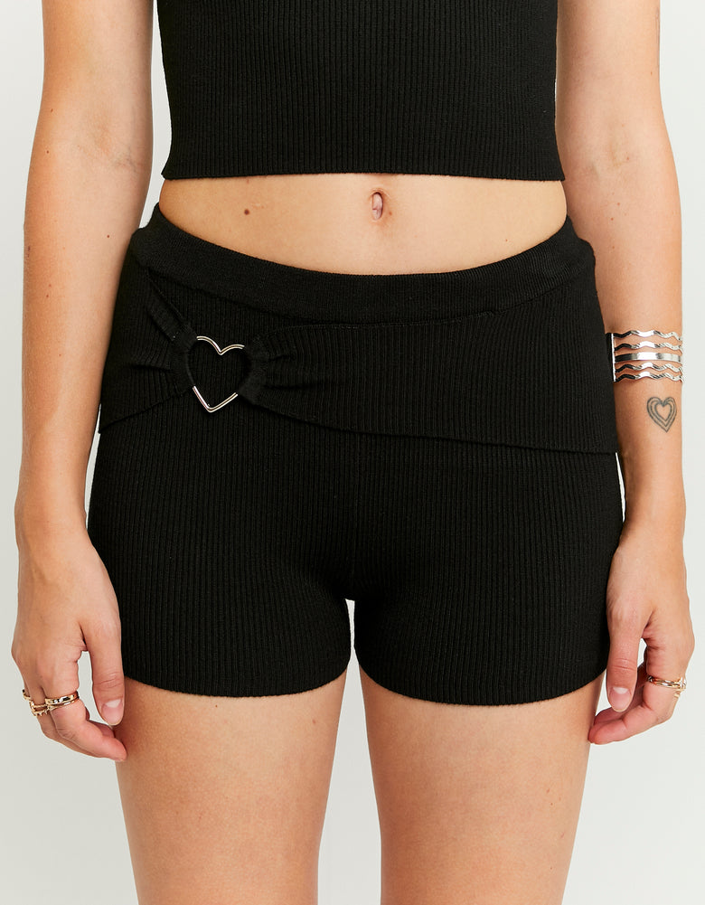 Ladies Black Knitted Shorts With Love Heart Detail-Closer View of the Shorts