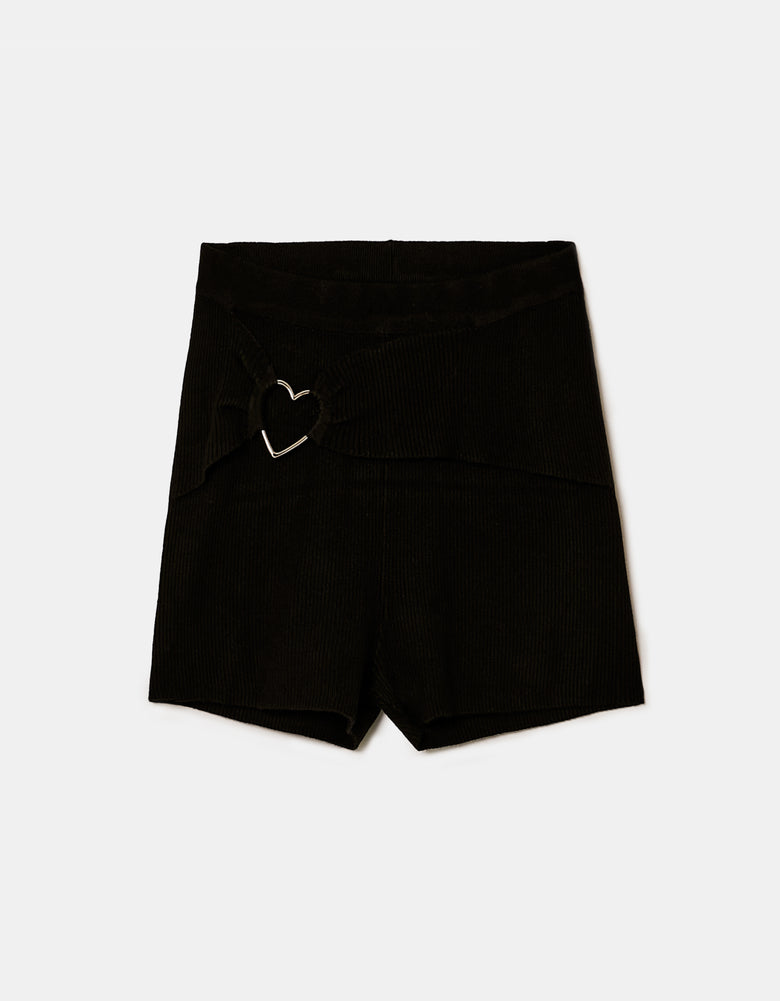 Ladies Black Knitted Shorts With Love Heart Detail-Ghost Front View