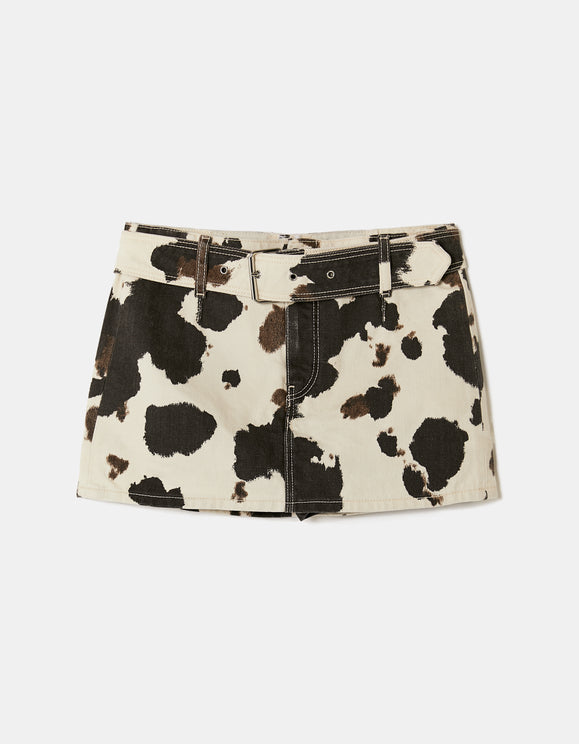 Tally Weijl brown cow print mini skirt, front flat lay view