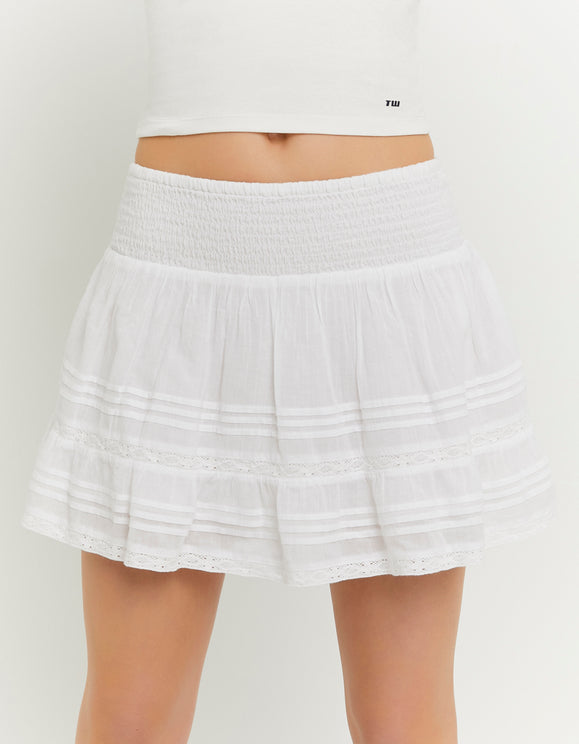 Tally Weijl White Low Waist Mini Skirt, front close-up on model