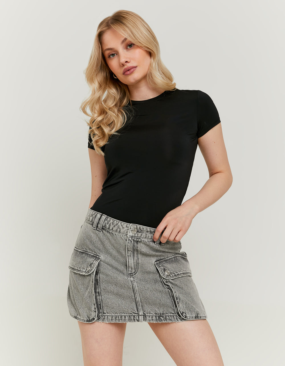 Ladies Grey Denim Skirt With Cargo Pockets-Model Front View