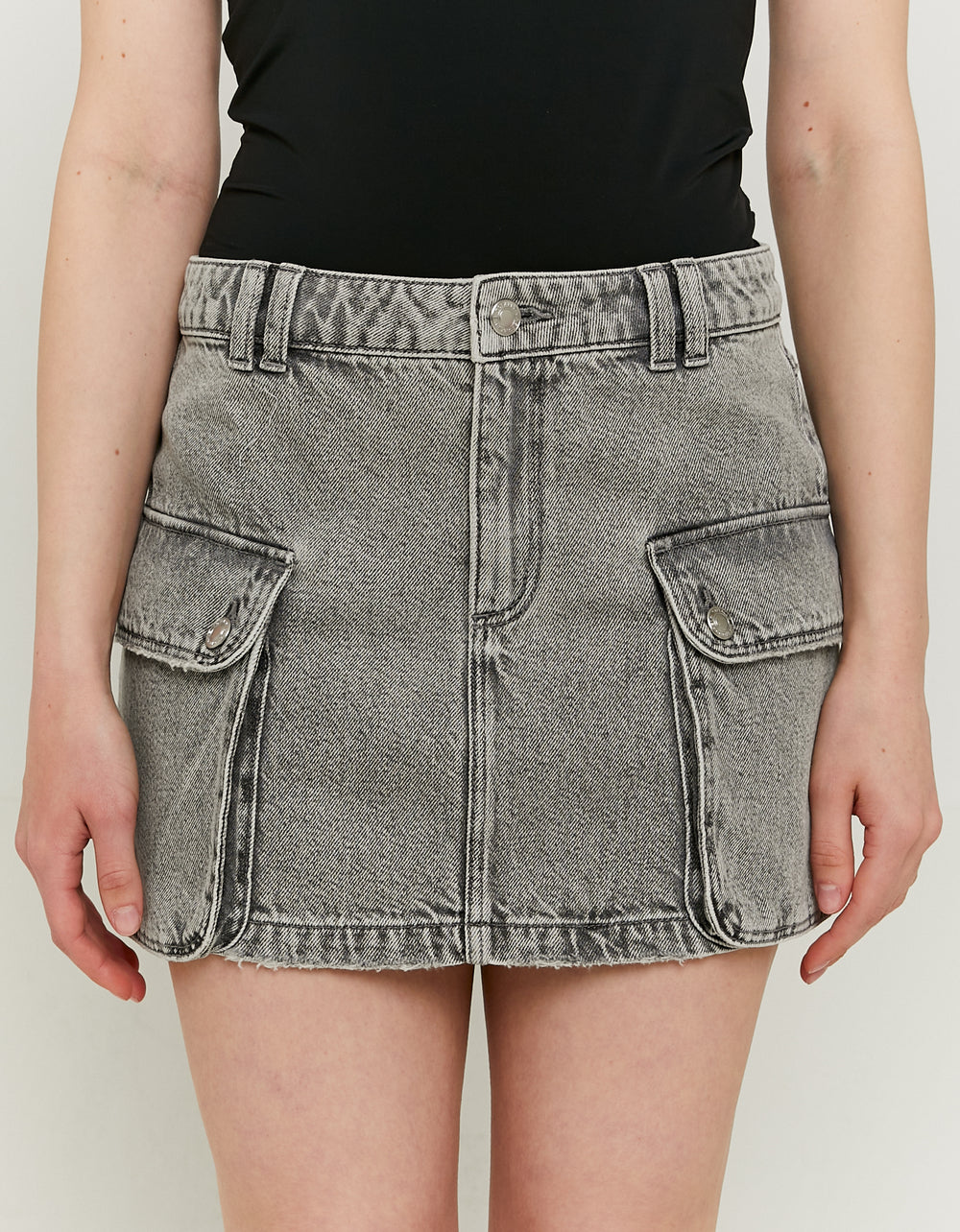Ladies Grey Denim Skirt With Cargo Pockets-Closer View of Front
