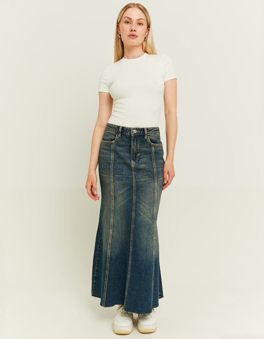 Ladies Dark Wash Long Denim Skirt-Model Full Front View