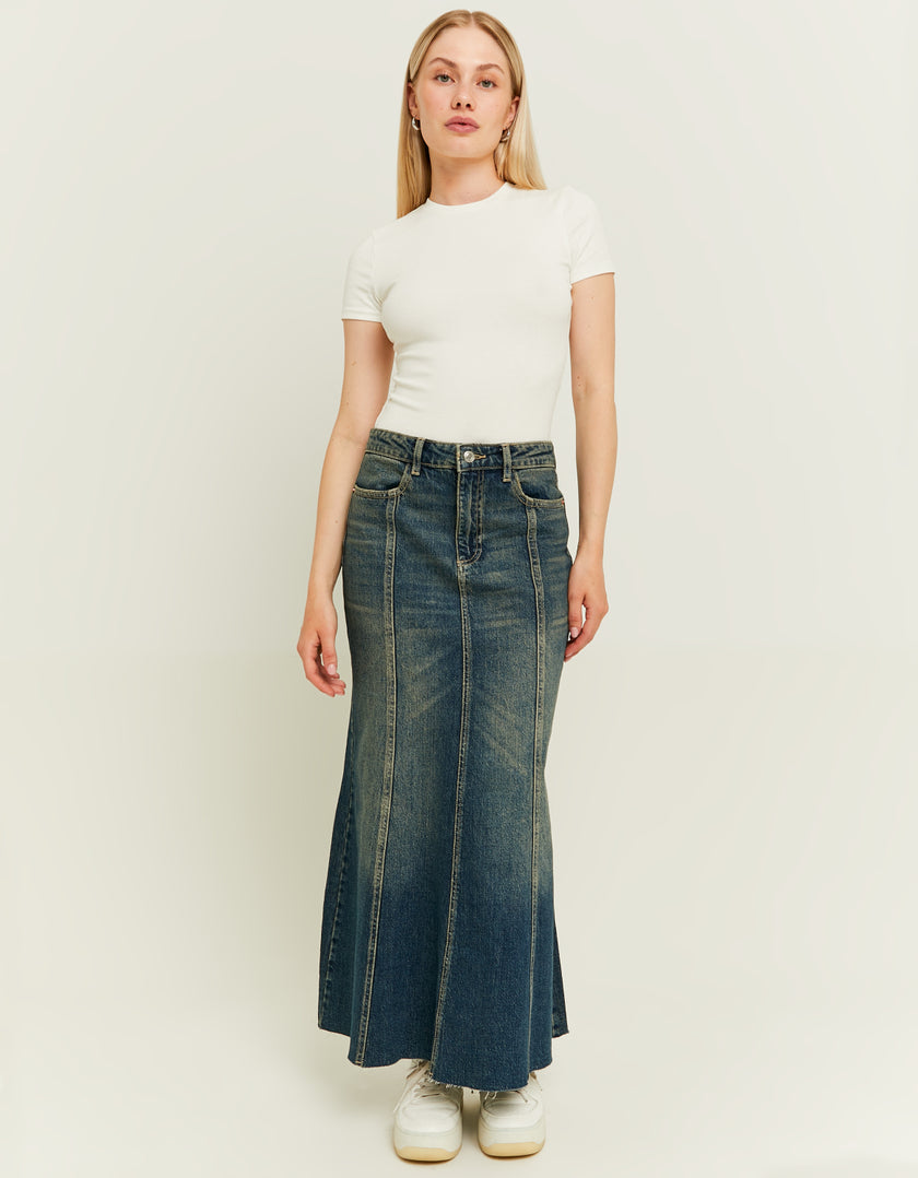 Tally Weijl Dark Wash Long Denim Skirt BLUE model front view