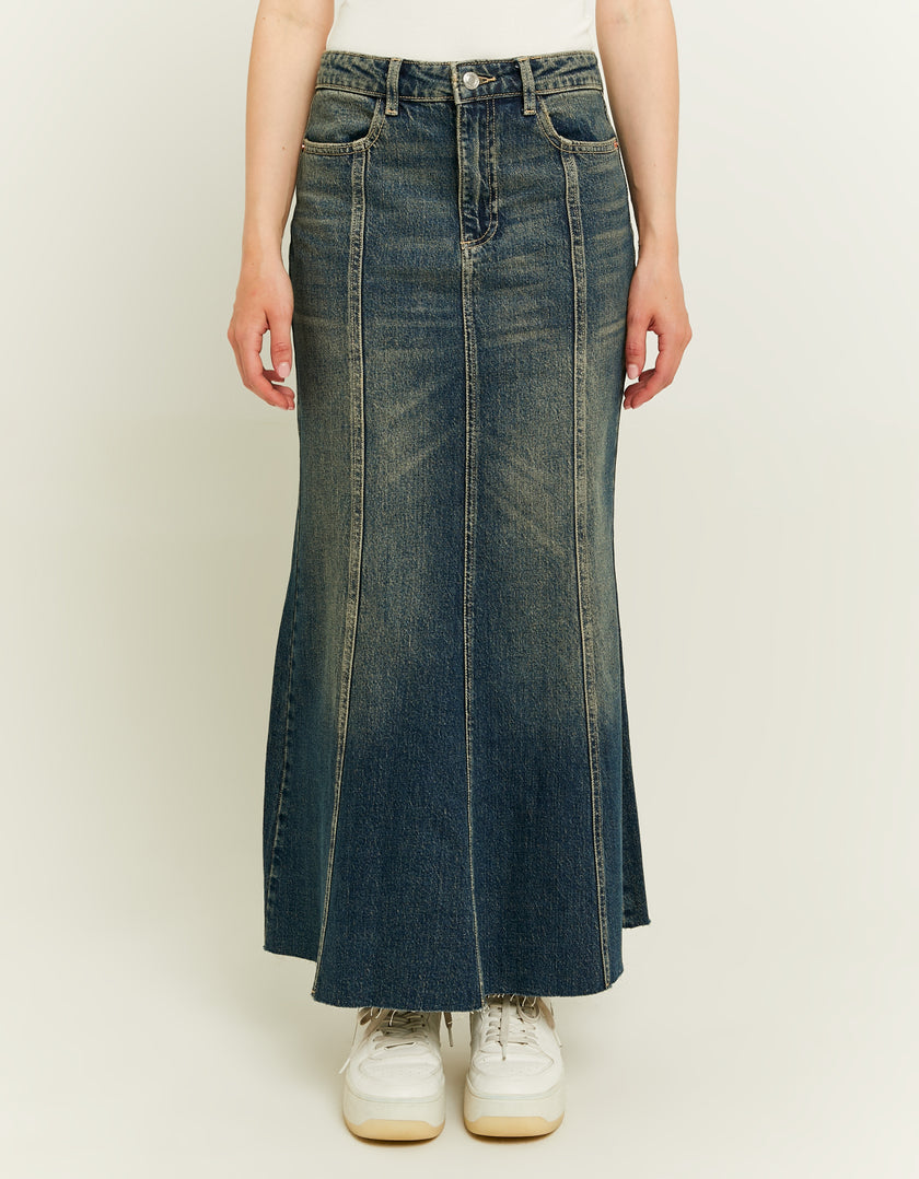 Ladies Dark Wash Long Denim Skirt-Model Front View