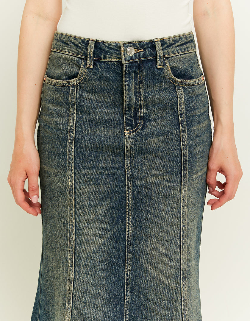 Ladies Dark Wash Long Denim Skirt-Waist View