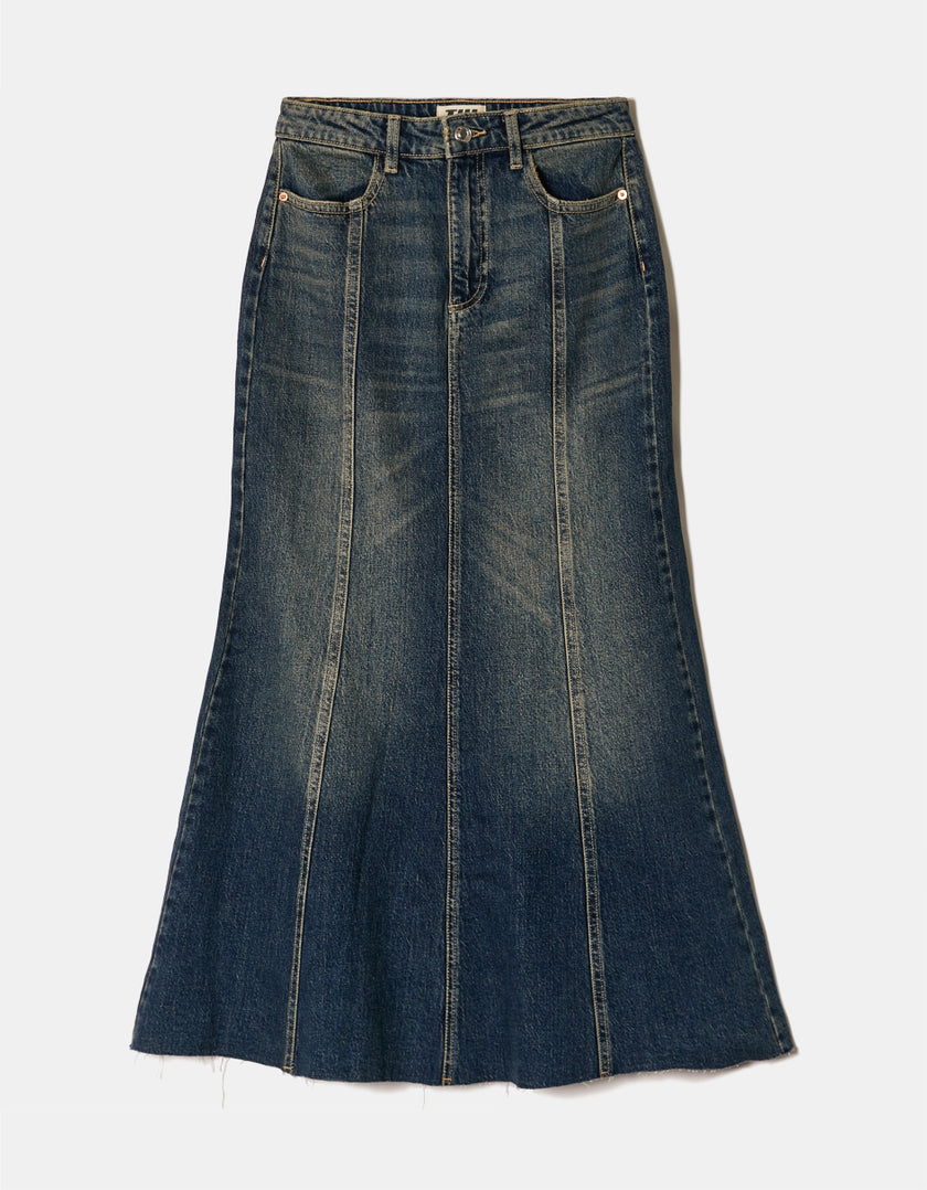 Ladies Dark Wash Long Denim Skirt-Front View