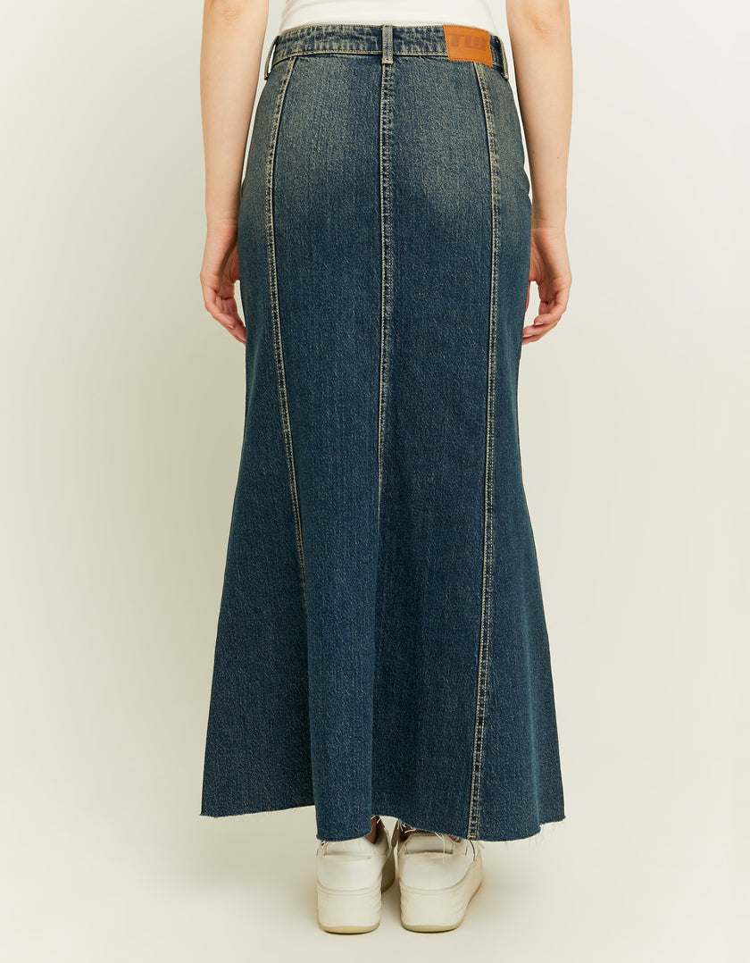 Ladies Dark Wash Long Denim Skirt-Model Back View