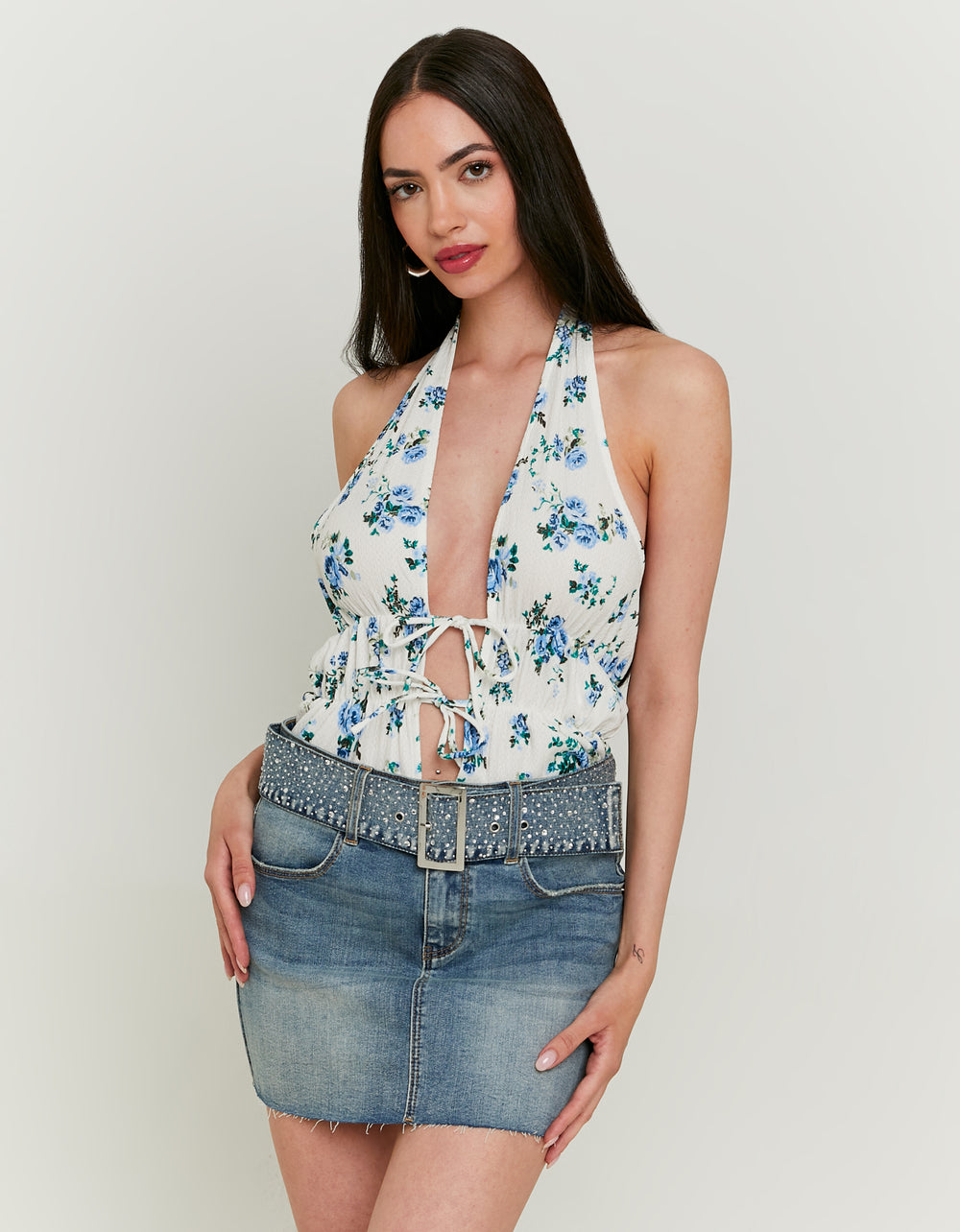 Ladies Denim Mini Skirt With Belt-Model Front View