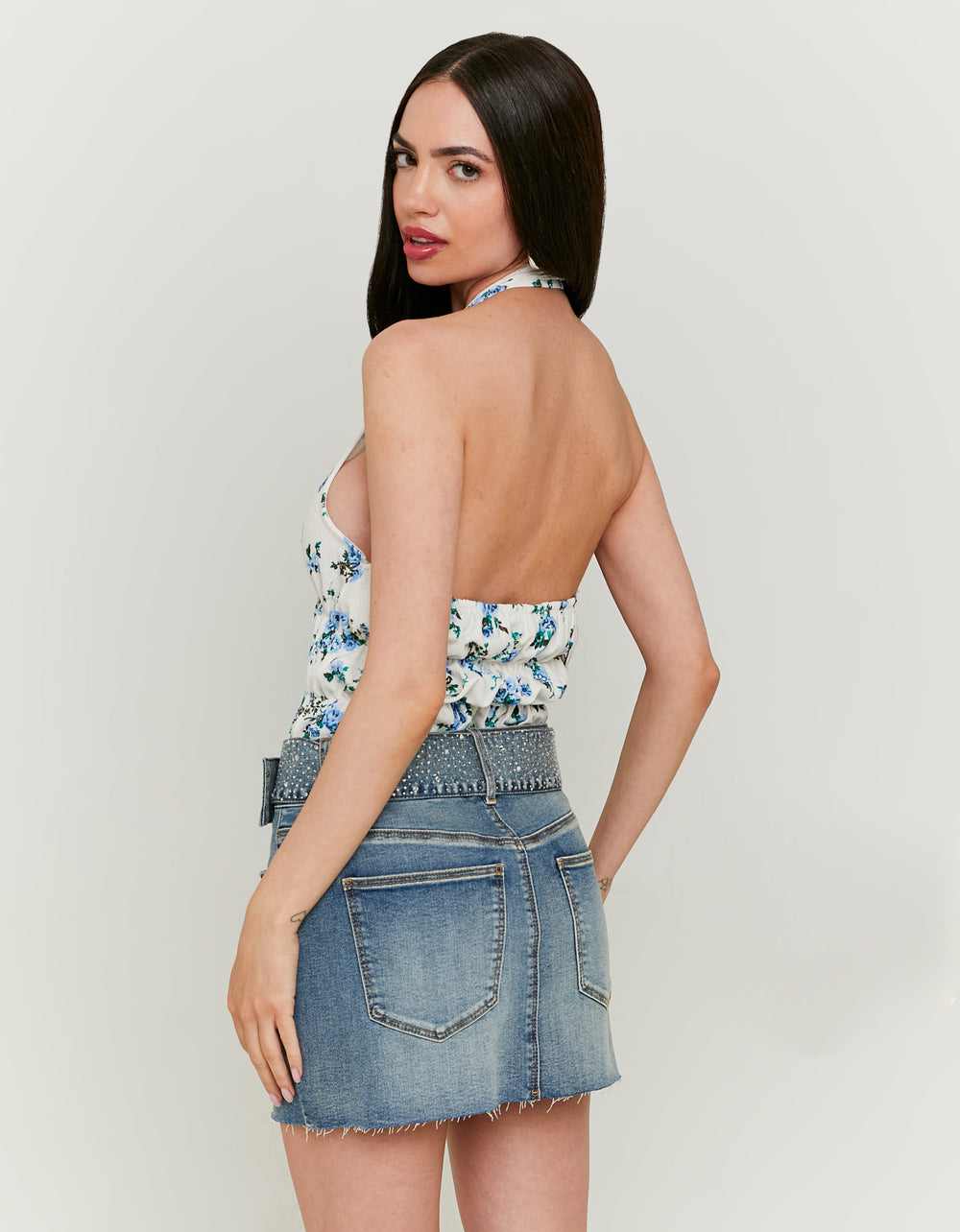 Ladies Denim Mini Skirt With Belt-Model Back View