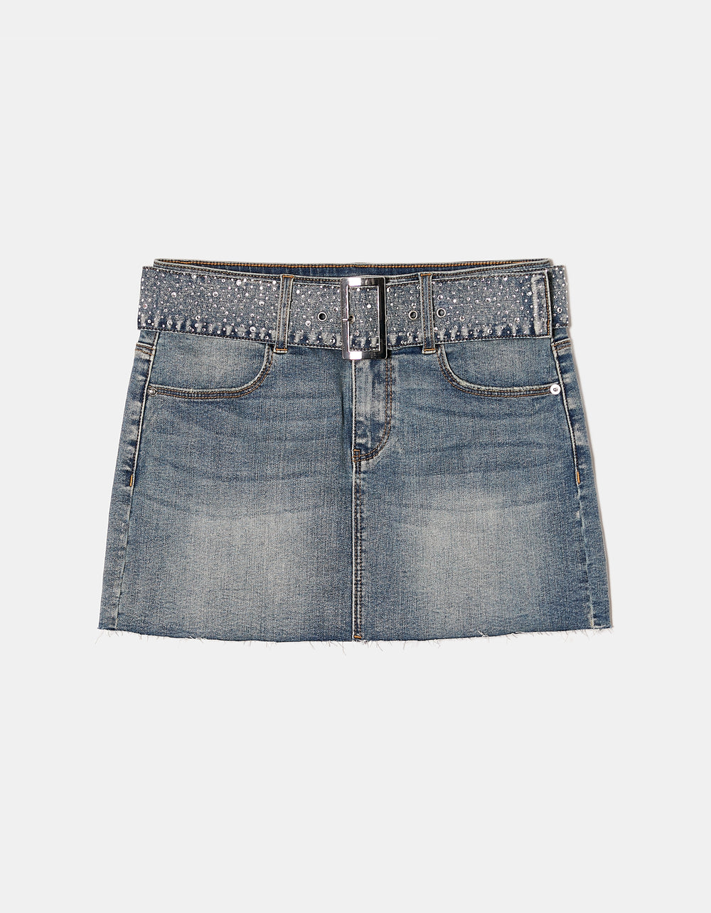 Ladies Denim Mini Skirt With Belt-Ghost Front View