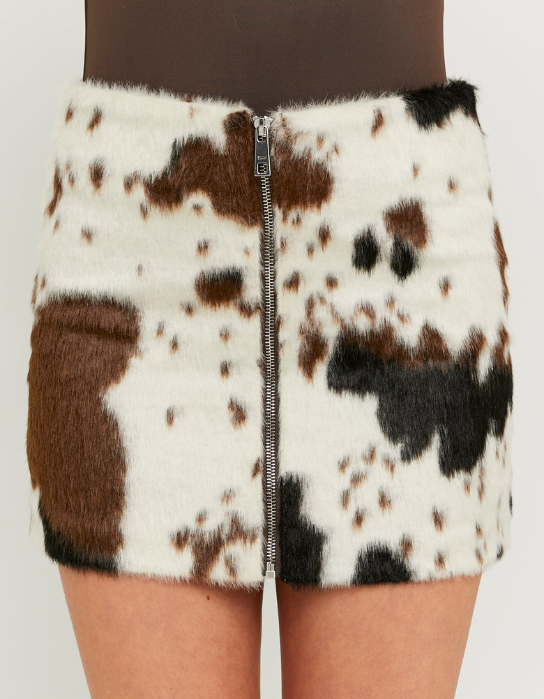 Tally Weijl Cow Printed Zip Up Skirt Brown/White front view