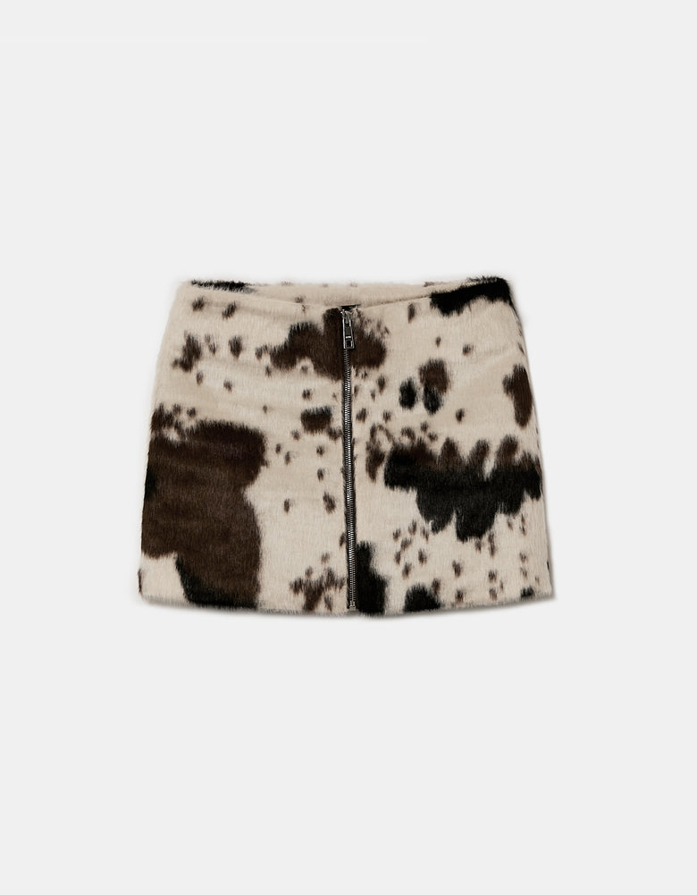 Ladies Cow Printed Zip Up Skirt-Ghost Front View