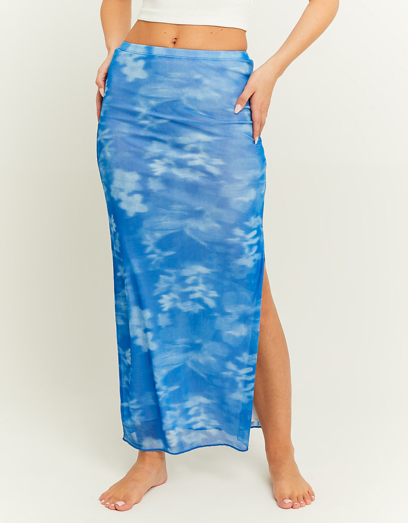 Ladies Blue Mesh Long Skirt With Flowers-Model Front View