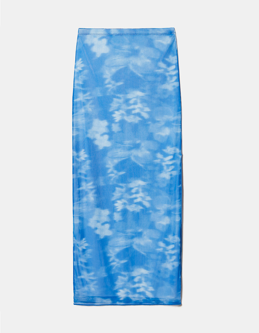 Ladies Blue Mesh Long Skirt With Flowers-Front View