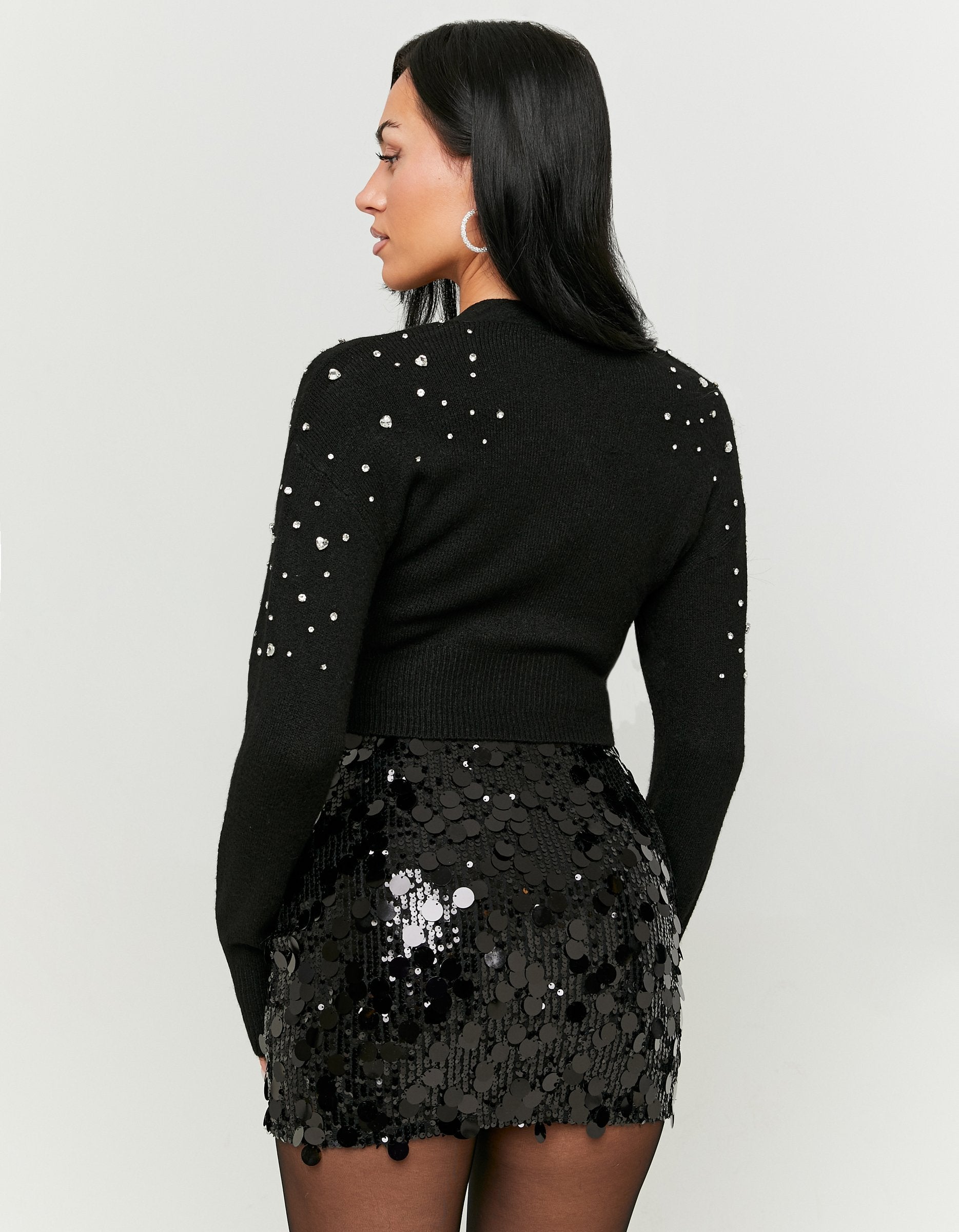 Ladies Black Sequined Skirt With Paillettes-Model Back View