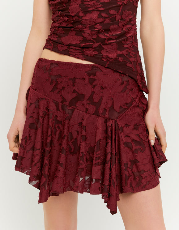 Tally Weijl Burgundy Floral Mini Skirt, closer view on model
