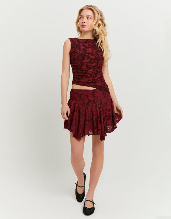 Tally Weijl Burgundy Floral Mini Skirt, Full Model Front View