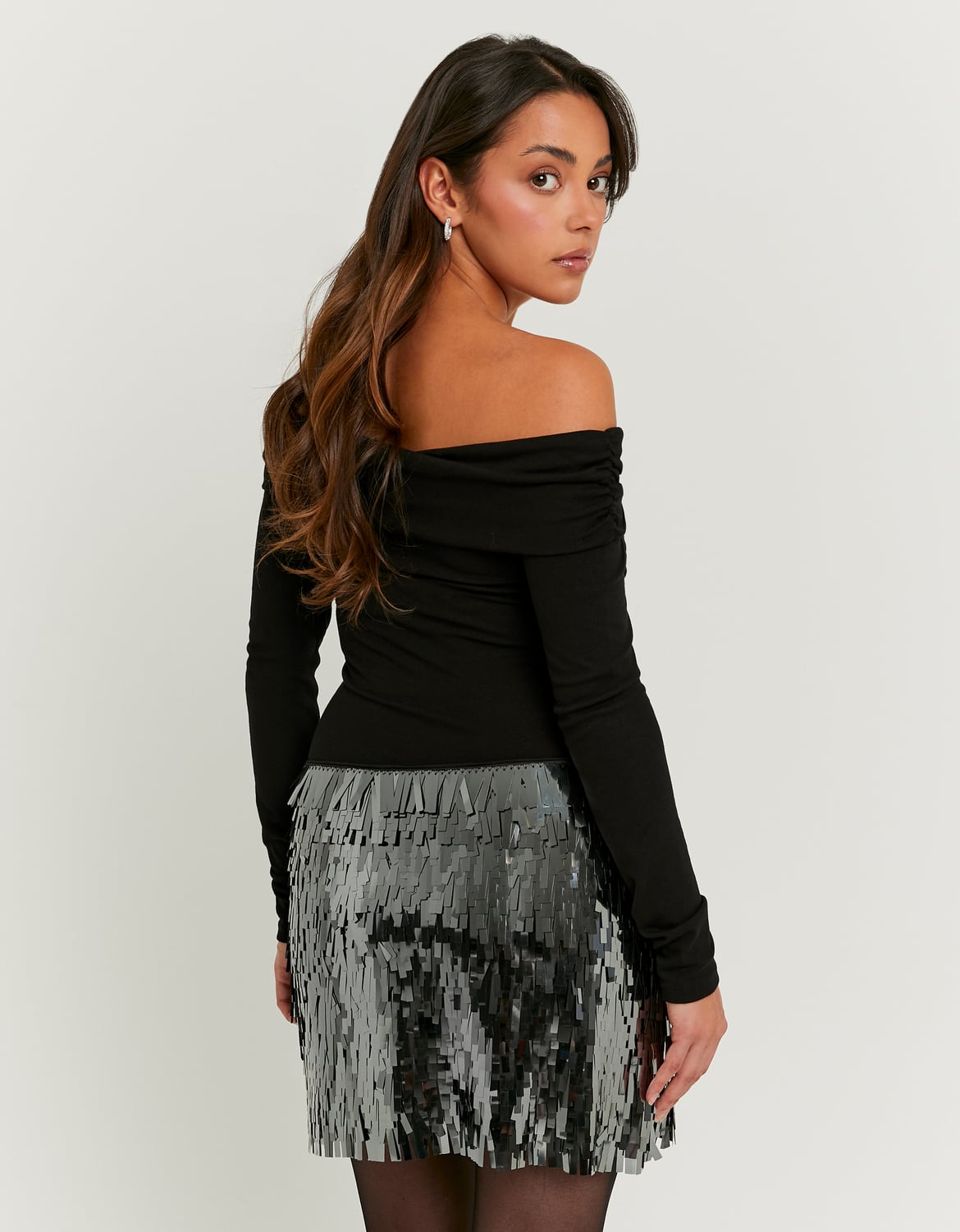 Ladies Silver Sequined Skirt-Model Back View